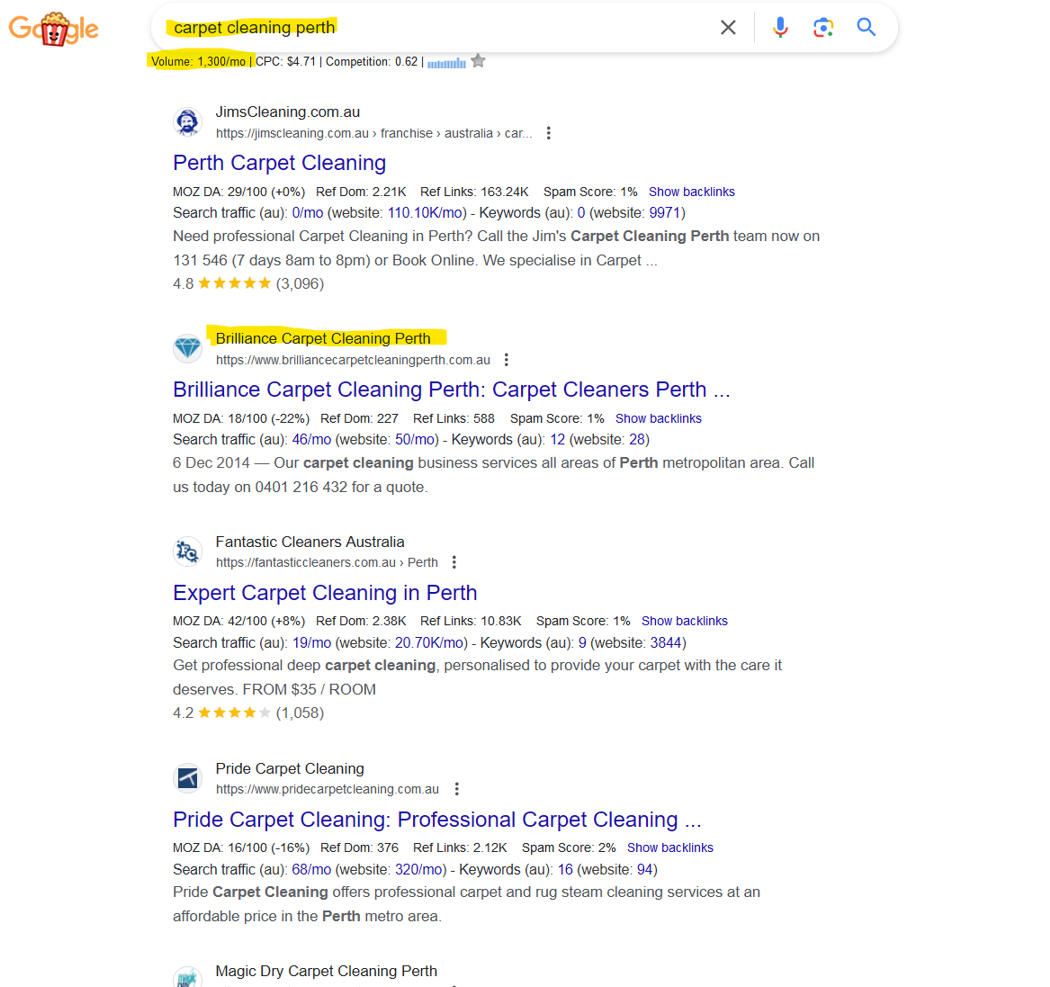 Brilliance Carpet Cleaning - Ranking Screenshot - SEO Case Study