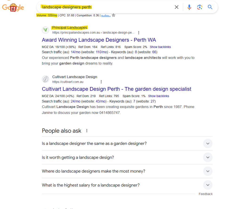 Principal Pools + Landscapes - Ranking Screenshot SEO case study