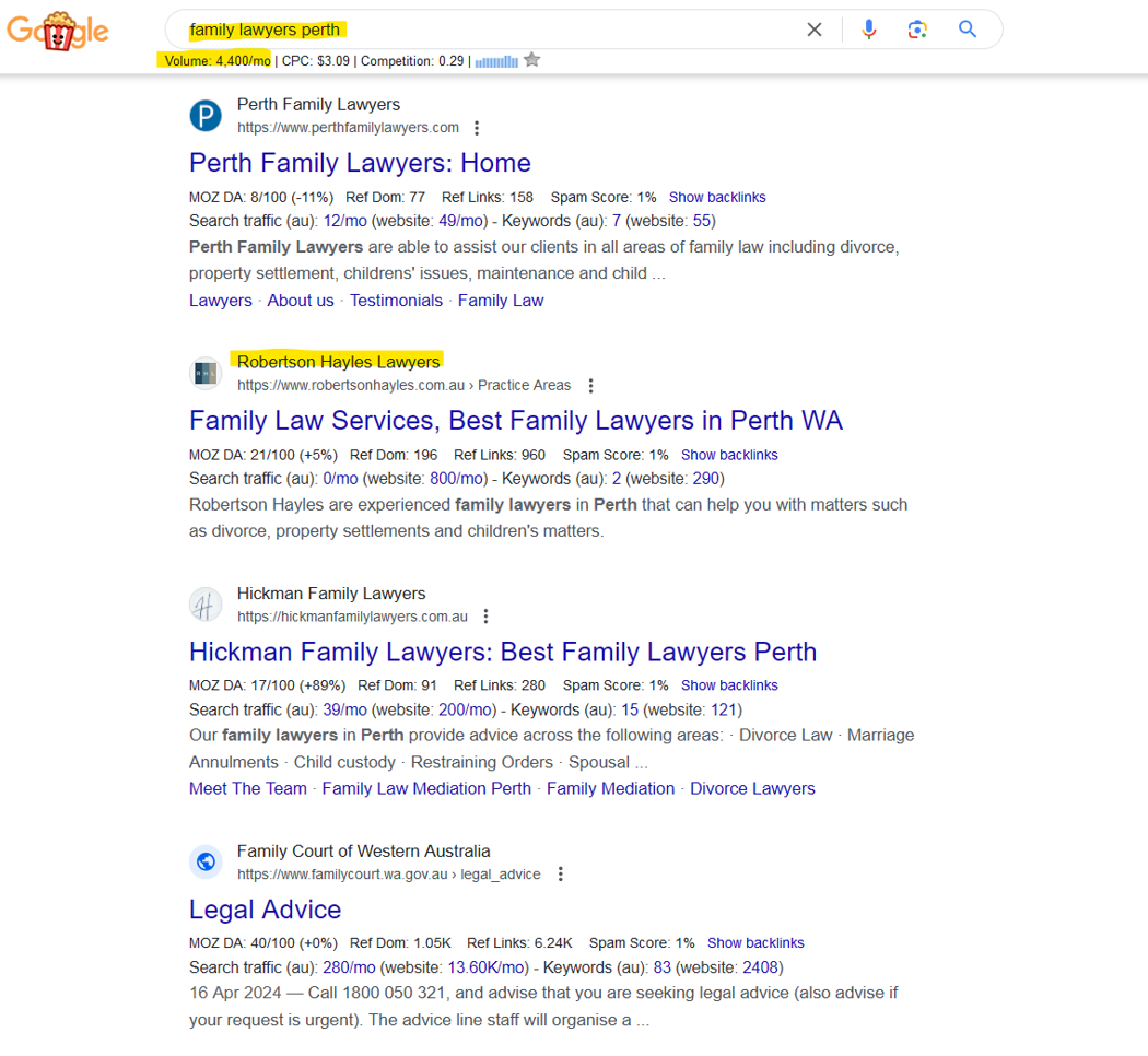 Robertson Hayles Lawyers Ranking SEO case study